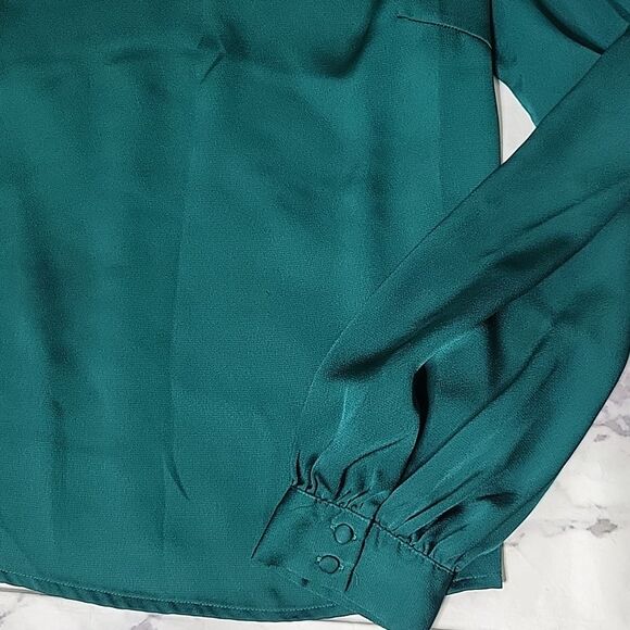 Lulus Green Satin Long Sleeve Blouse - Picture 3 of 6